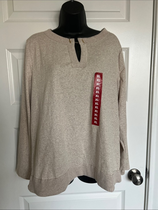 Rafaella Tops - Rafaella Neutral Cream Split V Pullover Sweatshirt